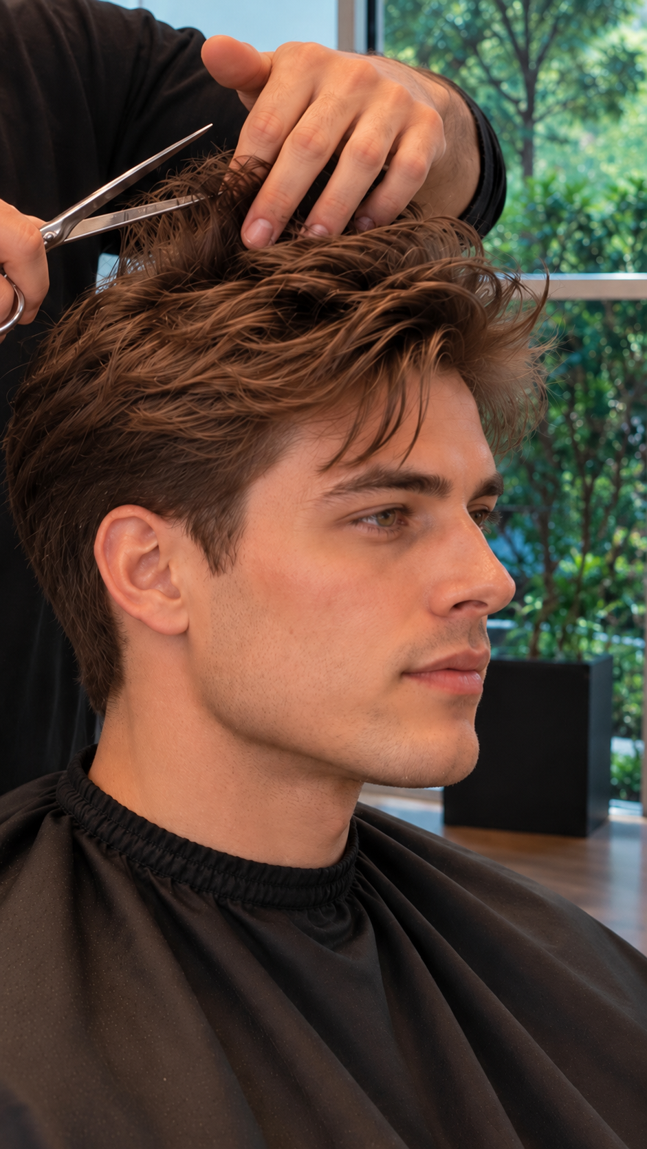 Men’s haircut in progress at Mod Mallak’s studio in San Ramon, with the stylist’s shears and the studio window behind