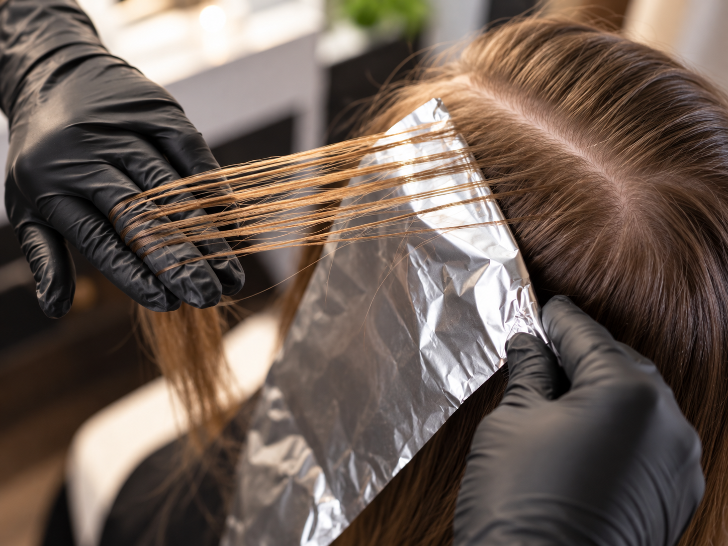 Hair color and highlighting foils in progress at Blake Charles Salon in San Francisco