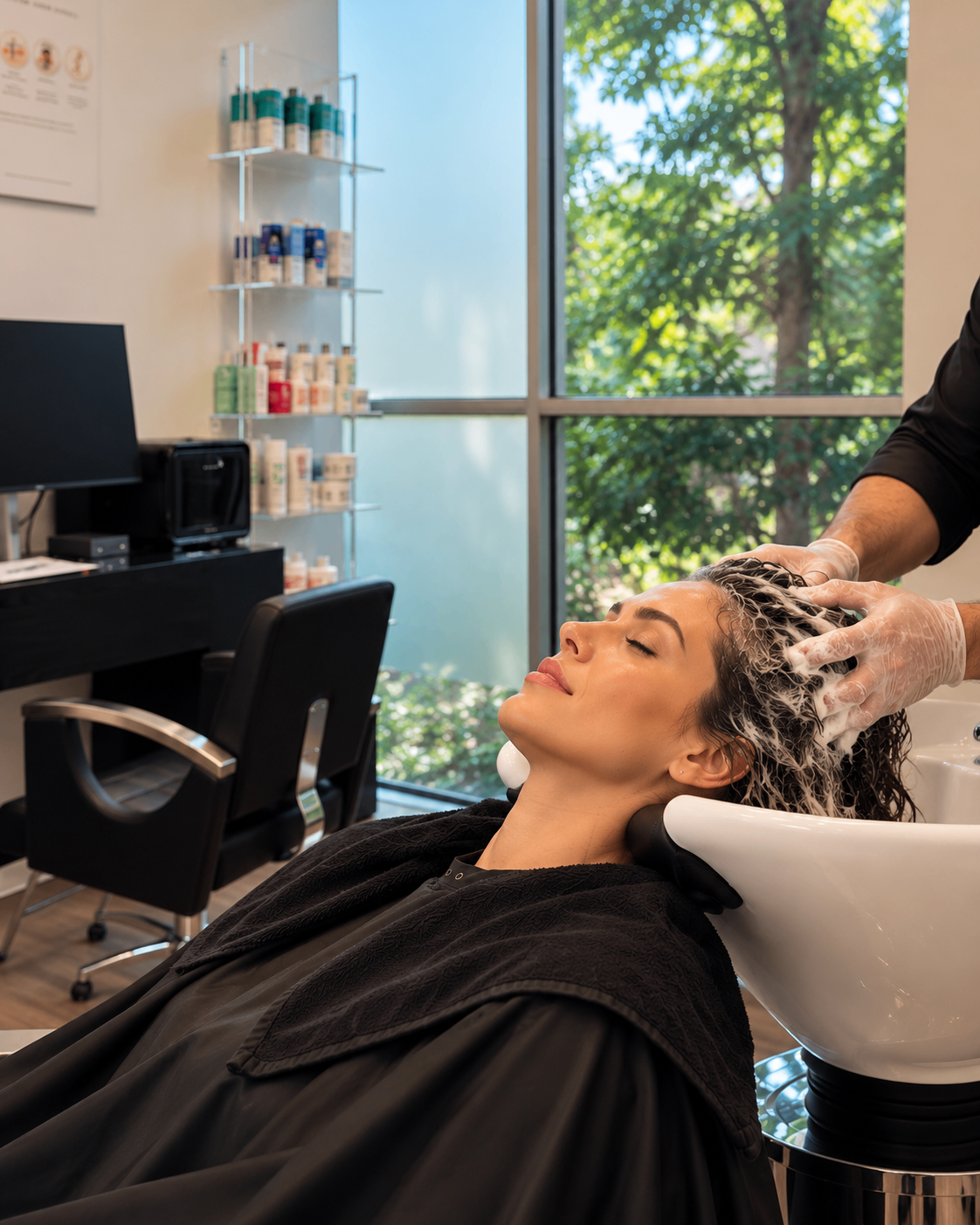 Conditioning treatment at the shampoo bowl in Mod Mallak’s IMAGE Studios San Ramon studio, with the product shelving and large window behind